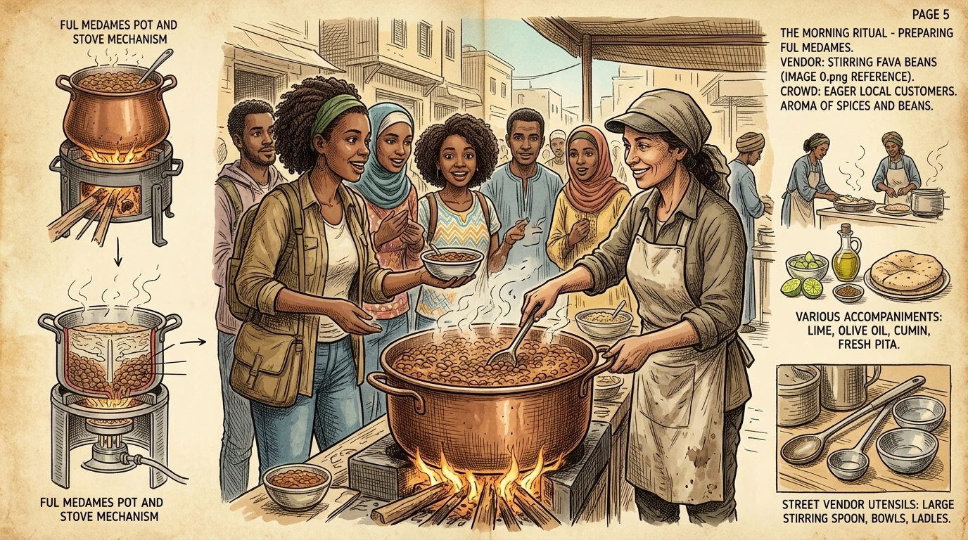 福尔(Ful medames)——一种埃及主食——的香气从小贩的摊位飘来。蚕豆在大锅里用明火炖煮。当地人聚集在一起享用这顿丰盛美味的早餐。 福尔(Ful medames)——一种埃及主食——的香气从小贩的摊位飘来。蚕豆在大锅里用明火炖煮。当地人聚集在一起享用这顿丰盛美味的早餐。