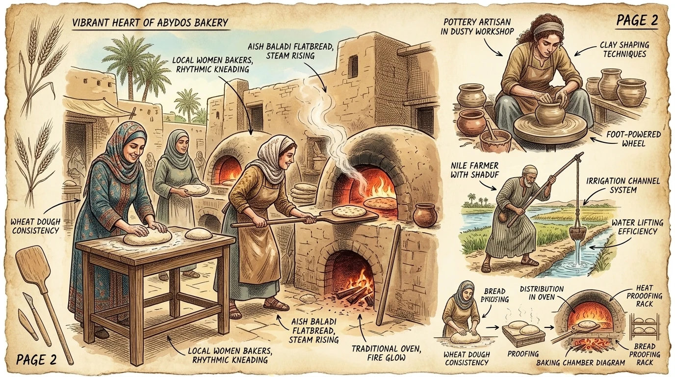 在阿拜多斯(Abydos)的中心地带,新鲜出炉的面包香气弥漫在空气中,当地妇女正在露天烤箱里制作传统的“艾什巴拉迪”('aish baladi')。 在阿拜多斯(Abydos)的中心地带,新鲜出炉的面包香气弥漫在空气中,当地妇女正在露天烤箱里制作传统的“艾什巴拉迪”('aish baladi')。