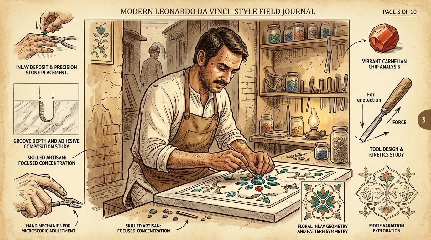 阿格拉以其精美的大理石镶嵌工艺而闻名,这项工艺由一代又一代的工匠传承下来。在小作坊里,工匠们一丝不苟地将半宝石嵌入大理石中,创造出令人惊叹的几何图案… 阿格拉以其精美的大理石镶嵌工艺而闻名,这项工艺由一代又一代的工匠传承下来。在小作坊里,工匠们一丝不苟地将半宝石嵌入大理石中,创造出令人惊叹的几何图案…