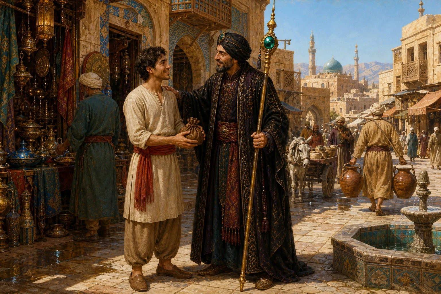 The watching stranger was in truth a powerful sorcerer from a distant land, who had learned by his magic arts that only a certain poor youth named Aladdin could… The watching stranger was in truth a powerful sorcerer from a distant land, who had learned by his magic arts that only a certain poor youth named Aladdin could…