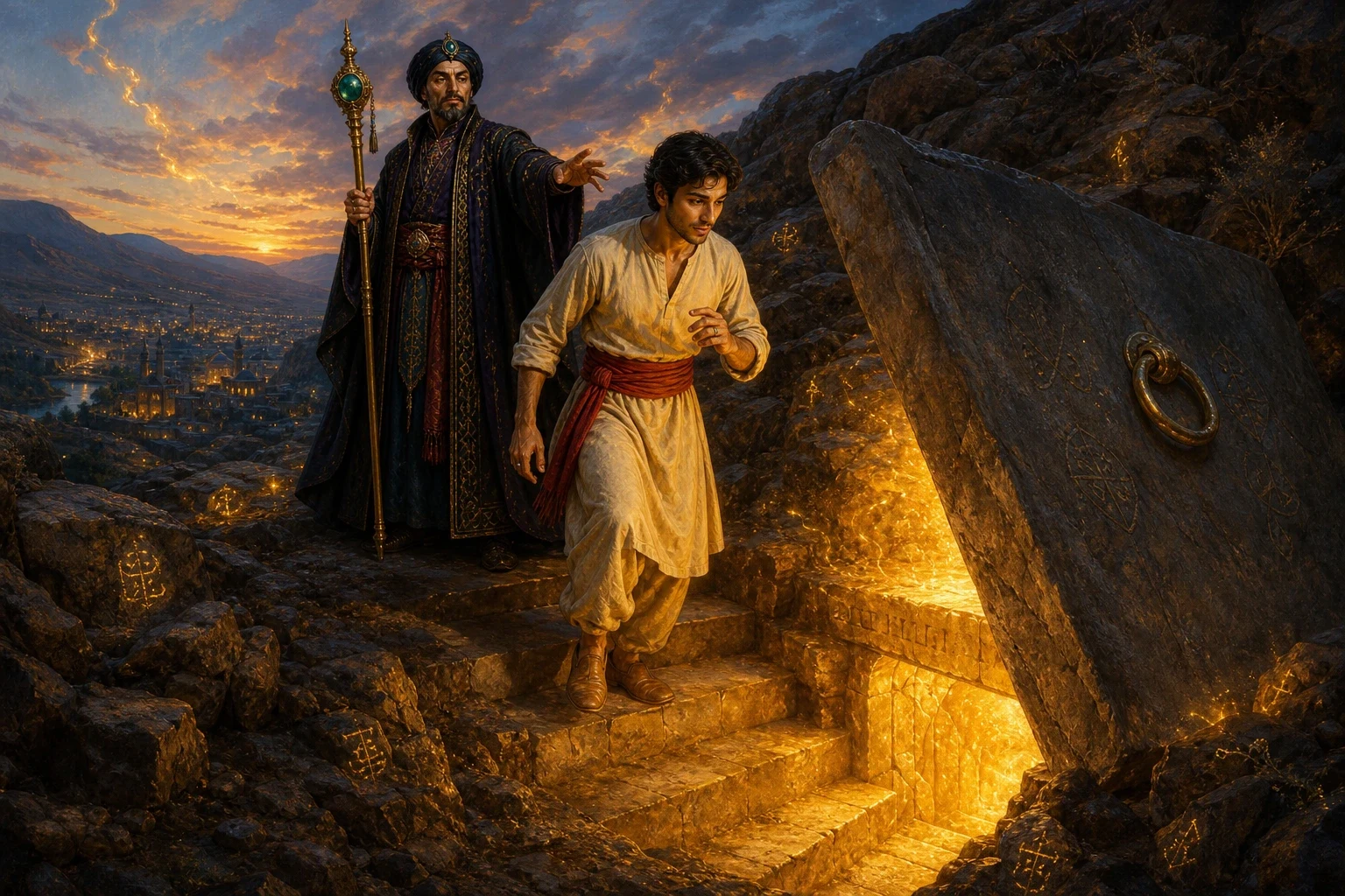 Far outside the city, in a lonely rocky valley, the sorcerer worked a spell, and the ground trembled and split open to reveal a flat stone with a brass ring… Far outside the city, in a lonely rocky valley, the sorcerer worked a spell, and the ground trembled and split open to reveal a flat stone with a brass ring…
