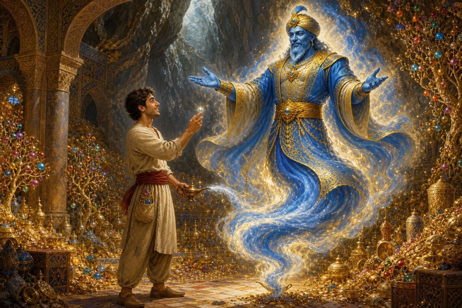 Aladdin found the cave just as the sorcerer had said — vast halls heaped with gold, and gardens where the trees bore fruit of glittering jewels. Aladdin found the cave just as the sorcerer had said — vast halls heaped with gold, and gardens where the trees bore fruit of glittering jewels.