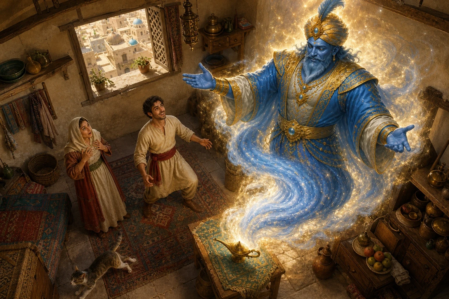 Safe at home, Aladdin and his mother were still very poor, and one day, hoping to sell the plain old lamp for a few coins, his mother began to polish it clean. Safe at home, Aladdin and his mother were still very poor, and one day, hoping to sell the plain old lamp for a few coins, his mother began to polish it clean.