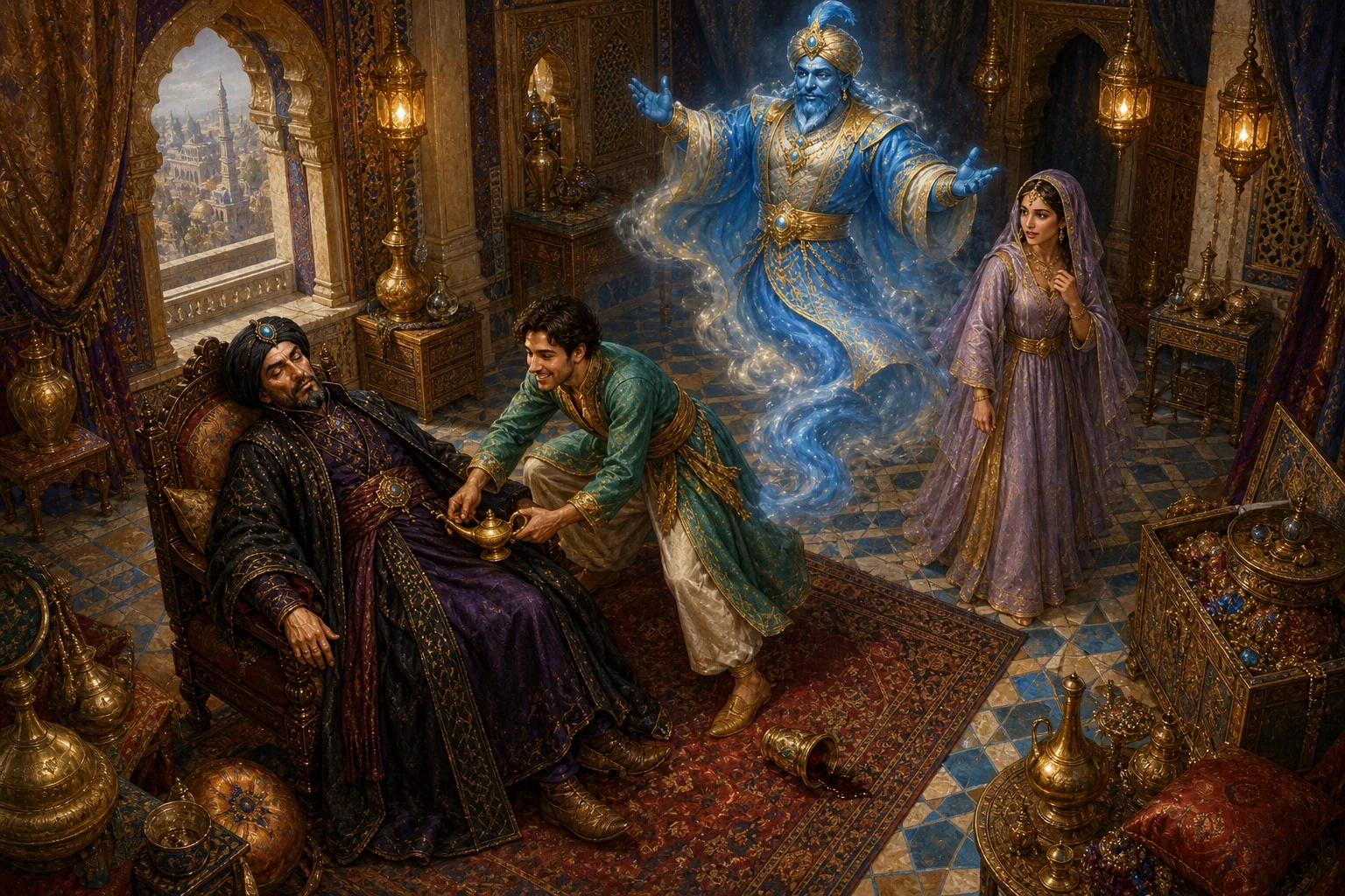 Aladdin was heartbroken to find his palace and his beloved princess gone — but he still wore the sorcerer's old magic ring, and the ring-spirit carried him… Aladdin was heartbroken to find his palace and his beloved princess gone — but he still wore the sorcerer's old magic ring, and the ring-spirit carried him…