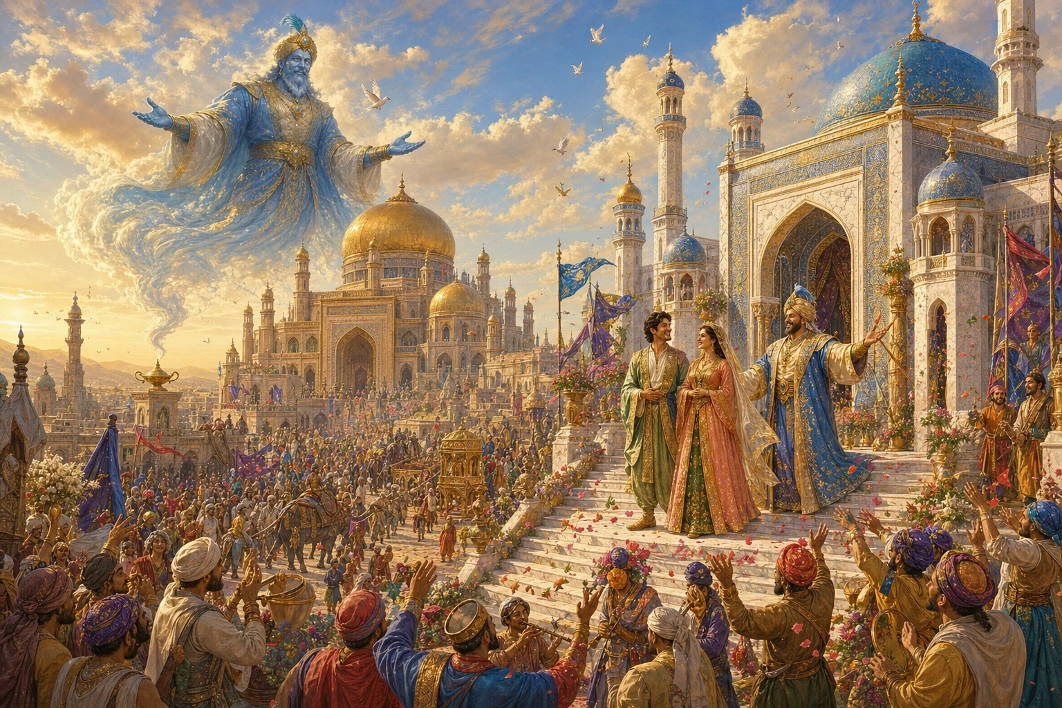 With the wonderful lamp safely his once more, Aladdin wished the whole palace — and the princess, and himself — carried straight back home to their own city. With the wonderful lamp safely his once more, Aladdin wished the whole palace — and the princess, and himself — carried straight back home to their own city.