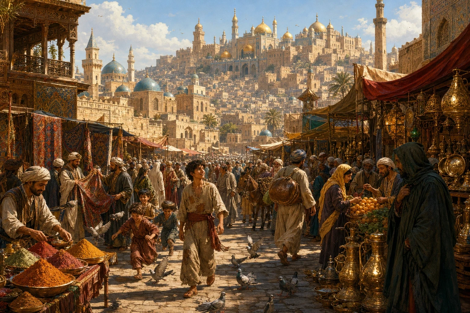 In a great and ancient city of the East, among domes and minarets and winding streets, there lived a poor young man named Aladdin. In a great and ancient city of the East, among domes and minarets and winding streets, there lived a poor young man named Aladdin.