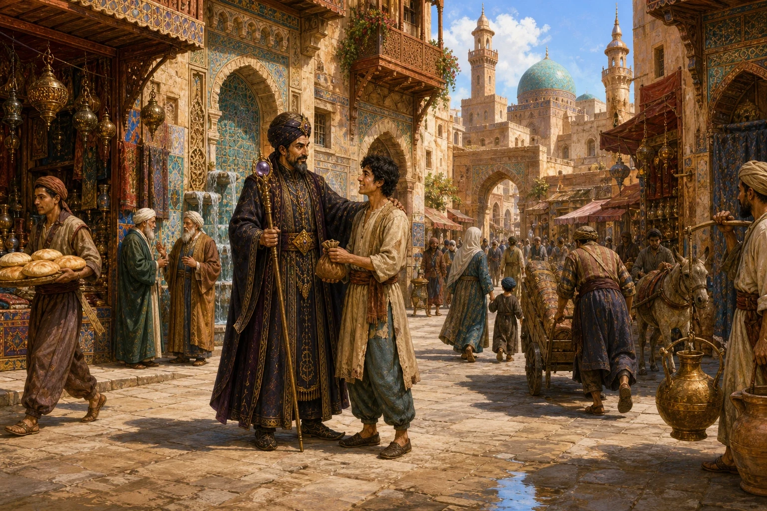 The watching stranger was in truth a powerful sorcerer from a distant land, who had learned by his magic arts that only a certain poor youth named Aladdin could… The watching stranger was in truth a powerful sorcerer from a distant land, who had learned by his magic arts that only a certain poor youth named Aladdin could…