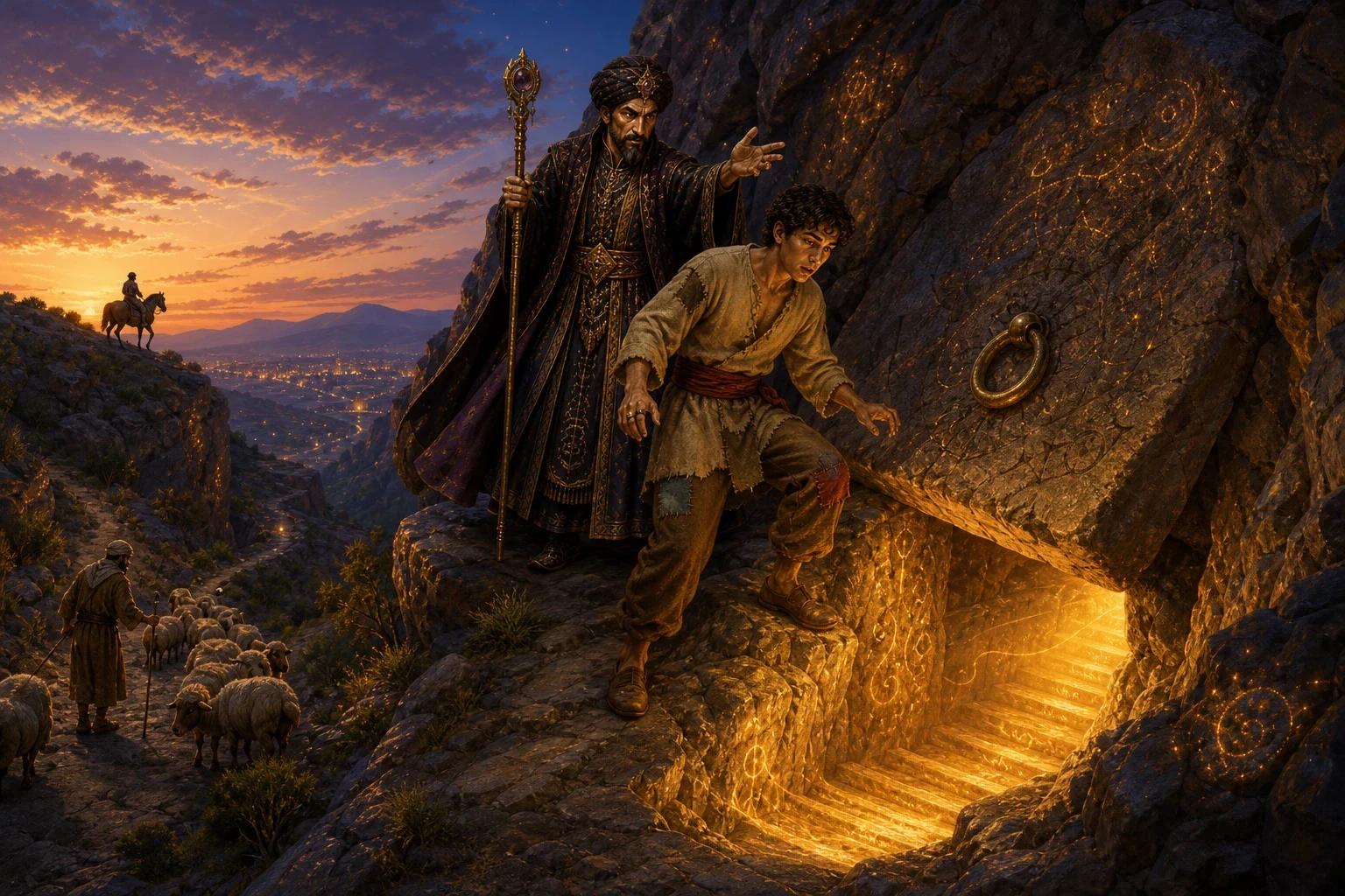 Far outside the city, in a lonely rocky valley, the sorcerer worked a spell, and the ground trembled and split open to reveal a flat stone with a brass ring… Far outside the city, in a lonely rocky valley, the sorcerer worked a spell, and the ground trembled and split open to reveal a flat stone with a brass ring…