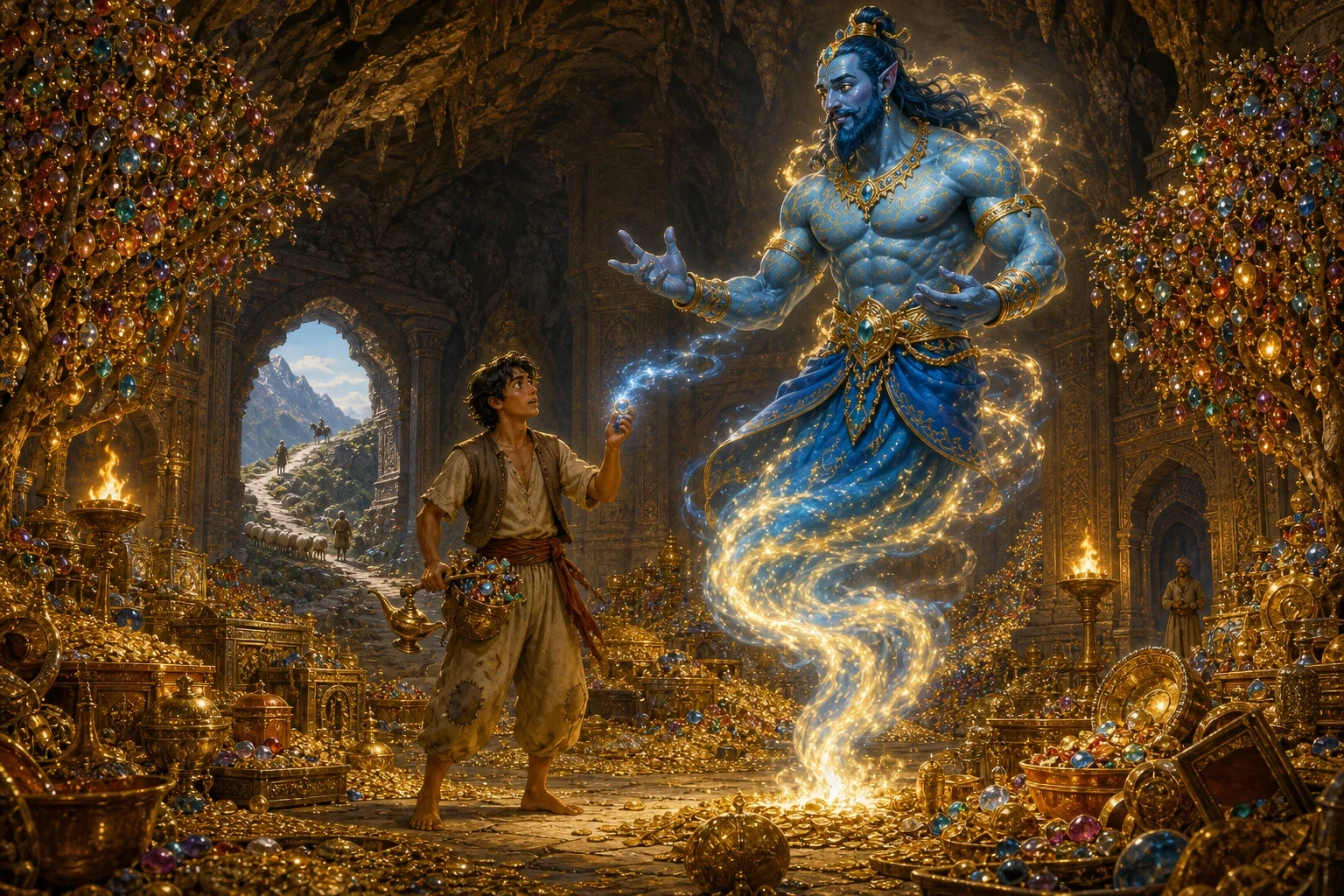 Aladdin found the cave just as the sorcerer had said — vast halls heaped with gold, and gardens where the trees bore fruit of glittering jewels. Aladdin found the cave just as the sorcerer had said — vast halls heaped with gold, and gardens where the trees bore fruit of glittering jewels.