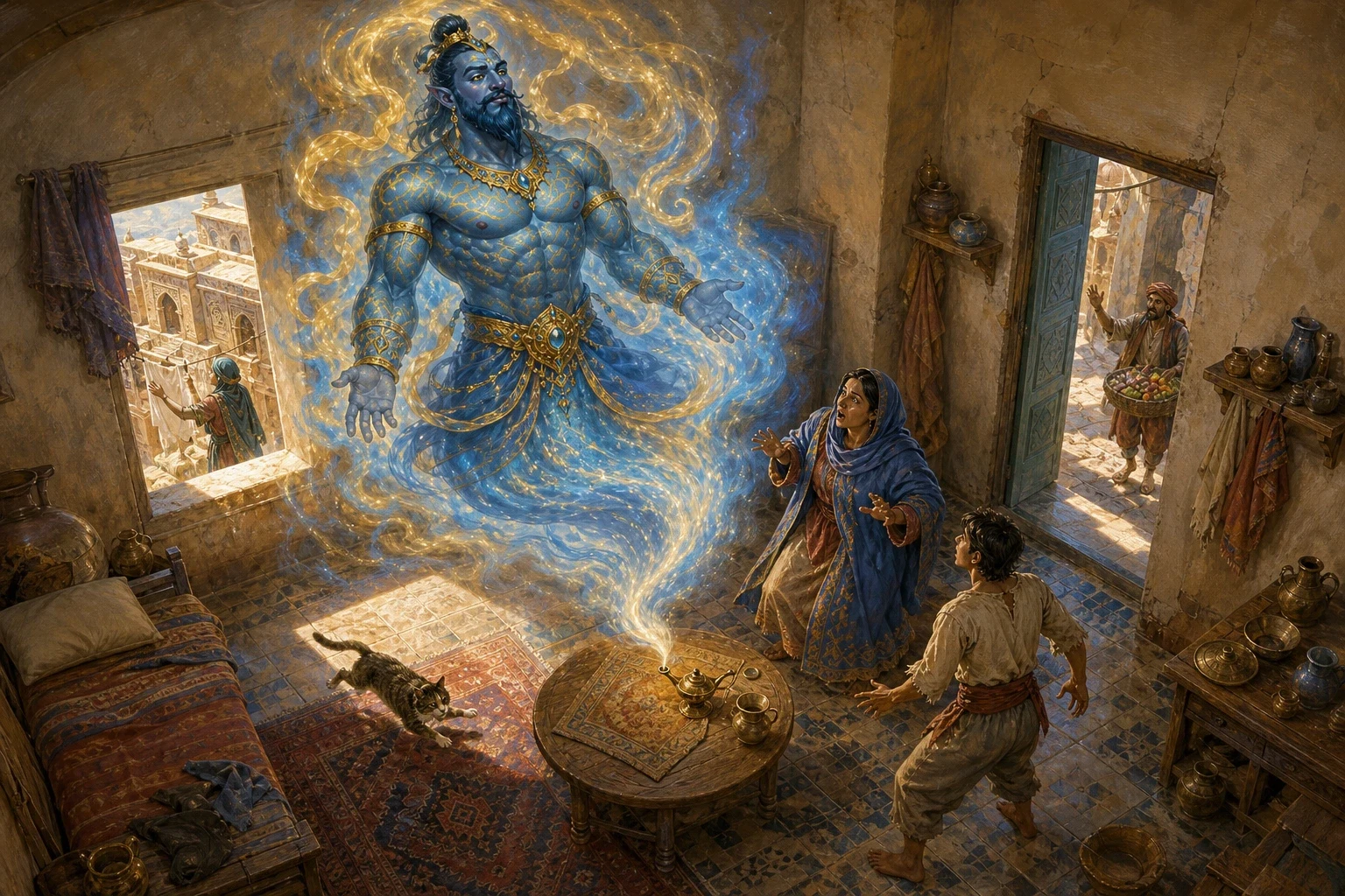 Safe at home, Aladdin and his mother were still very poor, and one day, hoping to sell the plain old lamp for a few coins, his mother began to polish it clean. Safe at home, Aladdin and his mother were still very poor, and one day, hoping to sell the plain old lamp for a few coins, his mother began to polish it clean.
