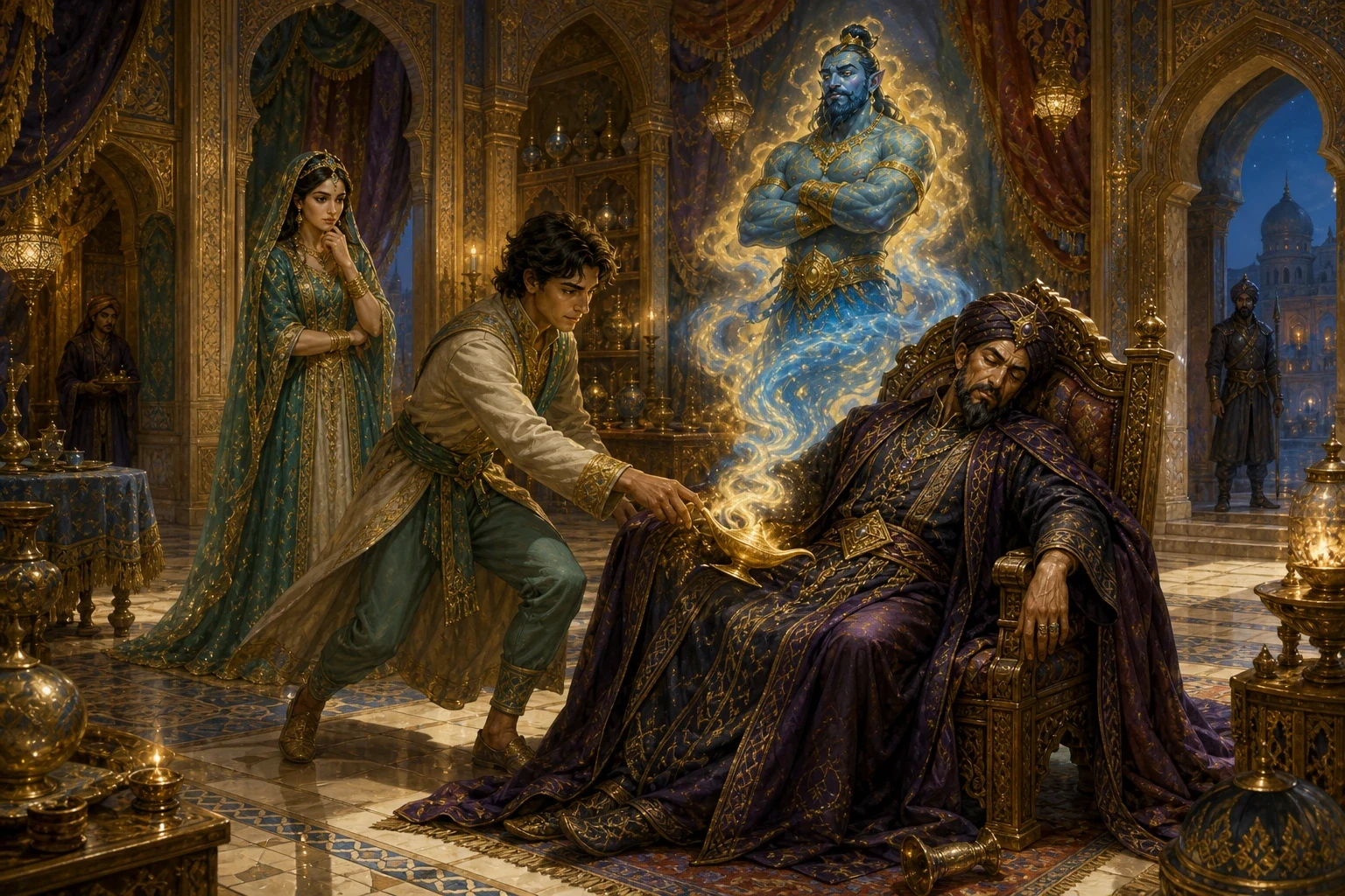 Aladdin was heartbroken to find his palace and his beloved princess gone — but he still wore the sorcerer's old magic ring, and the ring-spirit carried him… Aladdin was heartbroken to find his palace and his beloved princess gone — but he still wore the sorcerer's old magic ring, and the ring-spirit carried him…