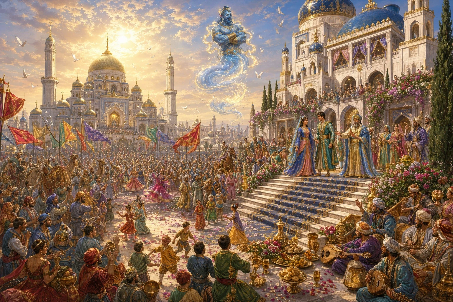With the wonderful lamp safely his once more, Aladdin wished the whole palace — and the princess, and himself — carried straight back home to their own city. With the wonderful lamp safely his once more, Aladdin wished the whole palace — and the princess, and himself — carried straight back home to their own city.