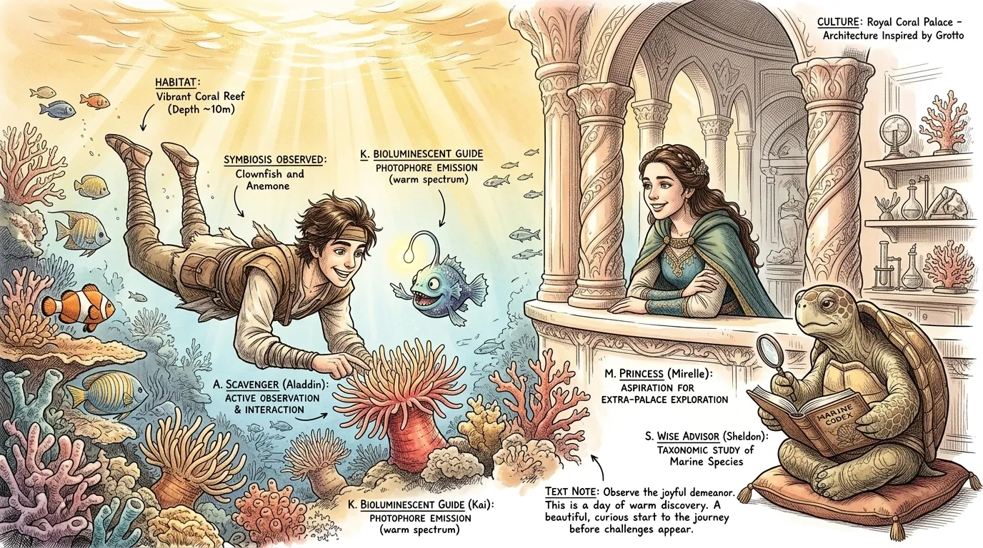 Dans les profondeurs scintillantes de la Mer Azur vivaient Aladdin, un jeune récupérateur agile, et la Princesse Mirelle, qui rêvait d'une vie au-delà de son… Dans les profondeurs scintillantes de la Mer Azur vivaient Aladdin, un jeune récupérateur agile, et la Princesse Mirelle, qui rêvait d'une vie au-delà de son…