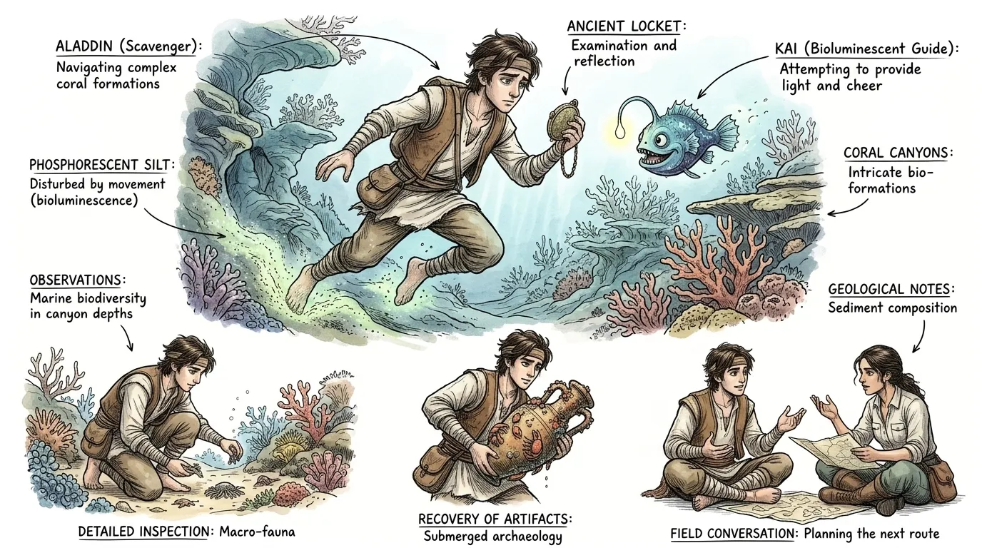 Aladdin naviguait dans les canyons de corail, ses pieds nus soulevant du limon phosphorescent. « Encore une babiole jetée », marmonna-t-il, brandissant un… Aladdin naviguait dans les canyons de corail, ses pieds nus soulevant du limon phosphorescent. « Encore une babiole jetée », marmonna-t-il, brandissant un…