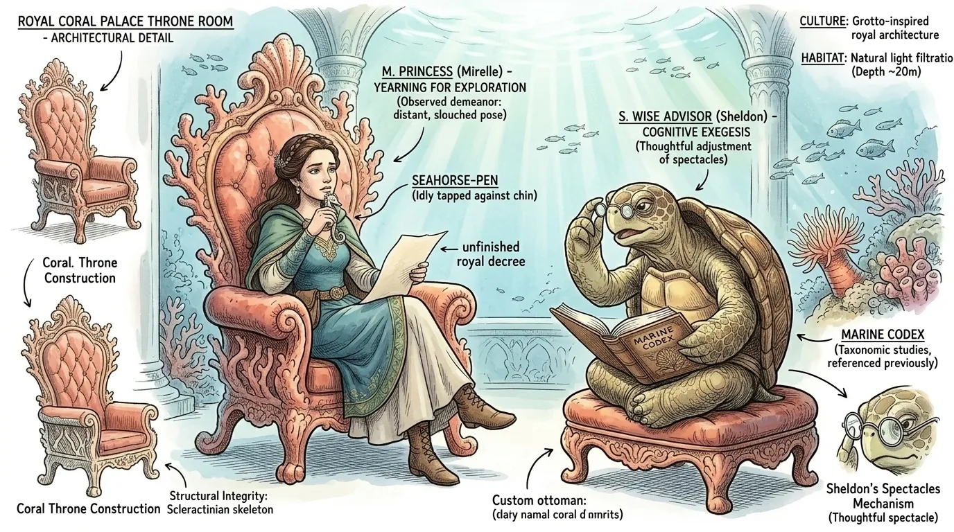 La princesse Mirelle était assise sur son trône de corail, écoutant Sheldon, son vieux conseiller, une tortue de mer. « Mais Sheldon, j'aspire à quelque chose… La princesse Mirelle était assise sur son trône de corail, écoutant Sheldon, son vieux conseiller, une tortue de mer. « Mais Sheldon, j'aspire à quelque chose…