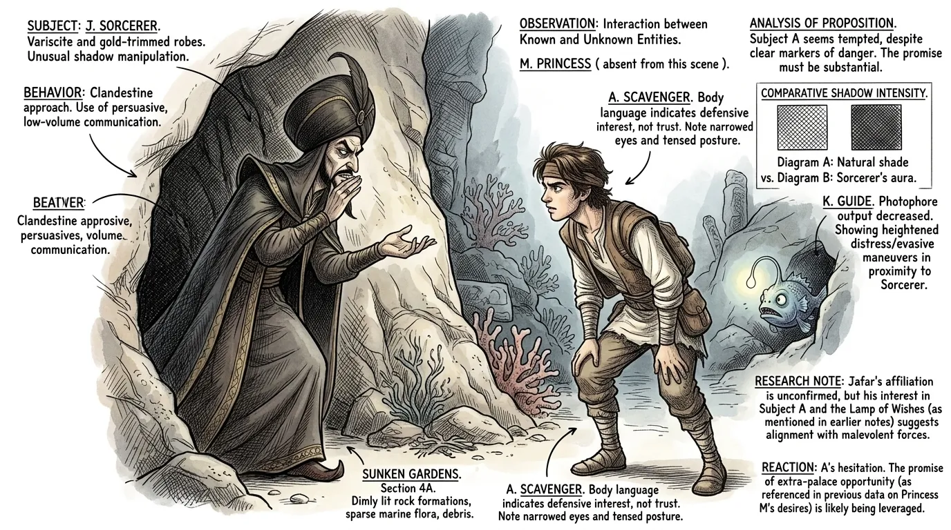 Un jour, une silhouette sombre intercepta Aladdin près des Jardins Submergés. « Je cherche un certain trésor, mon garçon », siffla Jafar, sa voix comme le… Un jour, une silhouette sombre intercepta Aladdin près des Jardins Submergés. « Je cherche un certain trésor, mon garçon », siffla Jafar, sa voix comme le…