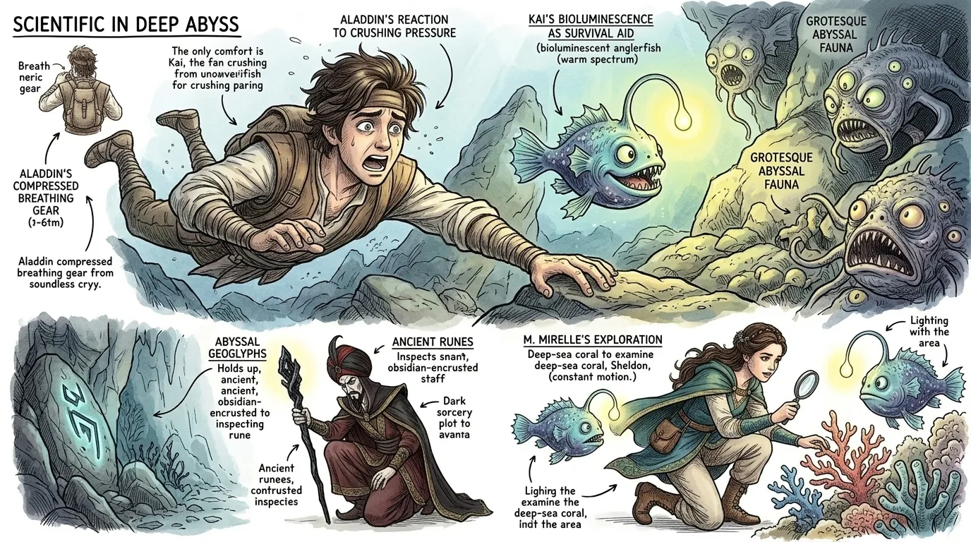 Plongeant dans l'abîme, Aladdin sentit la pression écrasante des profondeurs. D'étranges créatures grotesques nageaient, leurs yeux brillants d'une intention… Plongeant dans l'abîme, Aladdin sentit la pression écrasante des profondeurs. D'étranges créatures grotesques nageaient, leurs yeux brillants d'une intention…