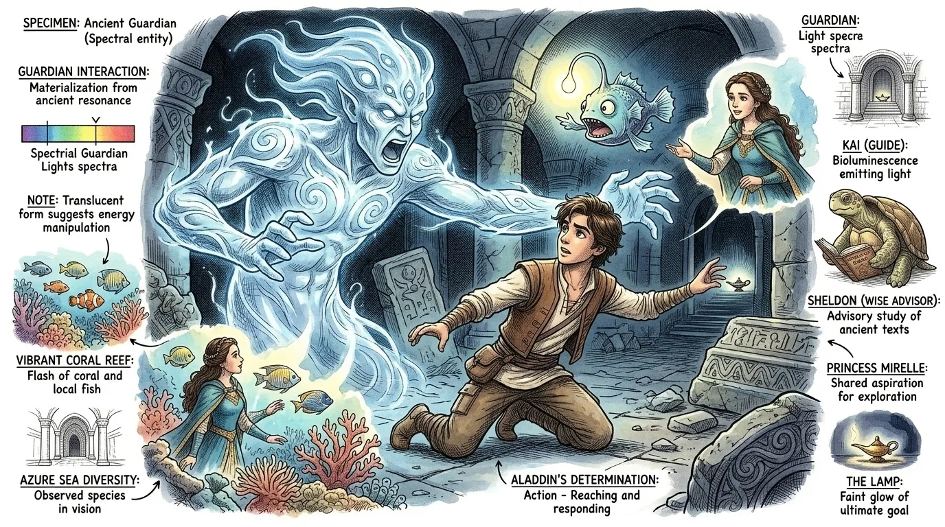 Il la vit alors — une faible lueur au loin. La Lampe ! Il tendit la main, mais un gardien spectral lui barra le chemin. « Seul celui qui valorise la mer… Il la vit alors — une faible lueur au loin. La Lampe ! Il tendit la main, mais un gardien spectral lui barra le chemin. « Seul celui qui valorise la mer…