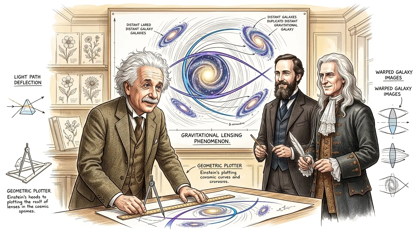 A shimmering distortion in the fabric of space-time reveals the profound legacy of a singular mind. Far across the cosmos, the path of ancient light bends…