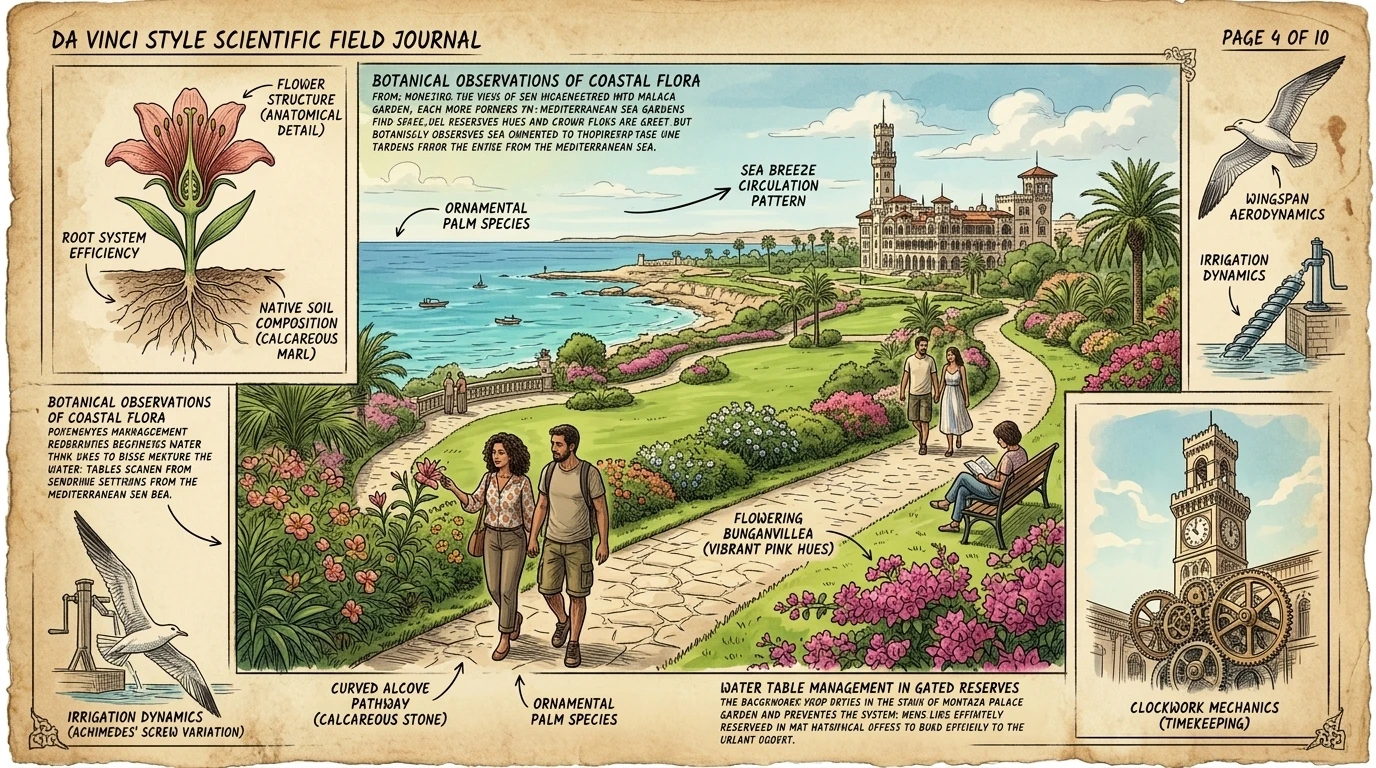 The Montaza Palace gardens offer a tranquil escape from the city's bustle. Families stroll through the manicured lawns and flowering gardens surrounding the… The Montaza Palace gardens offer a tranquil escape from the city's bustle. Families stroll through the manicured lawns and flowering gardens surrounding the…