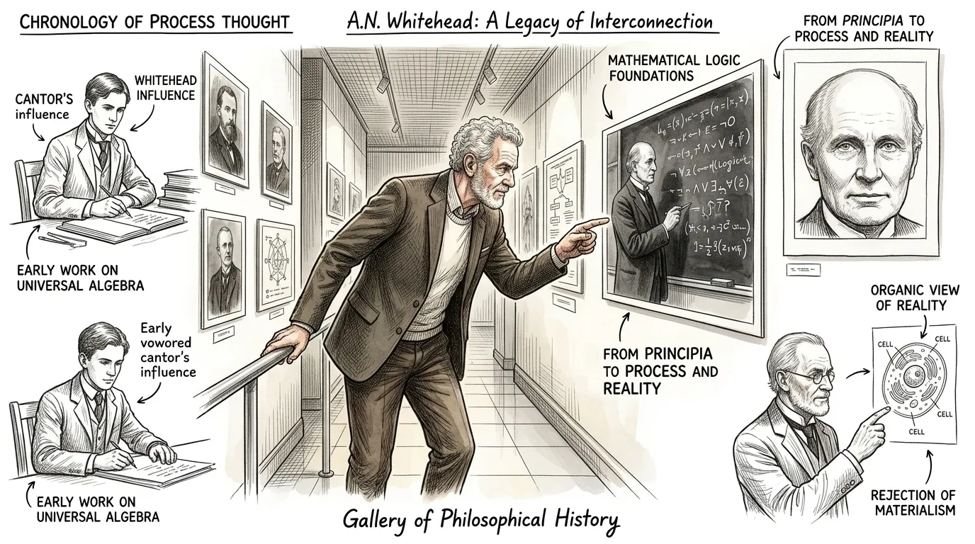Dr. Thorne walks past historical photographs of Cambridge, emphasizing how Whitehead's early work was rooted in logic and mathematics, culminating in his… Dr. Thorne walks past historical photographs of Cambridge, emphasizing how Whitehead's early work was rooted in logic and mathematics, culminating in his…
