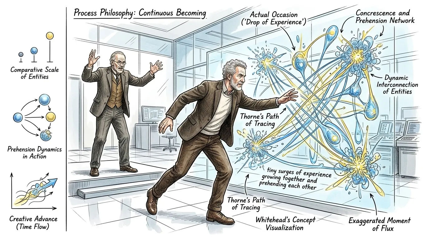 Dr. Thorne walks towards a complex diagram showing an evolving process, explaining how Whitehead sought to mend this fractured worldview by rejecting static… Dr. Thorne walks towards a complex diagram showing an evolving process, explaining how Whitehead sought to mend this fractured worldview by rejecting static…