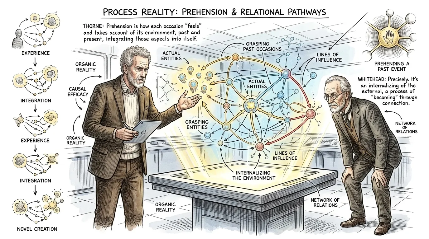Dr. Thorne demonstrates the concept of 'prehension' using an animated holographic model showing various entities radiating lines of influence, illustrating that… Dr. Thorne demonstrates the concept of 'prehension' using an animated holographic model showing various entities radiating lines of influence, illustrating that…