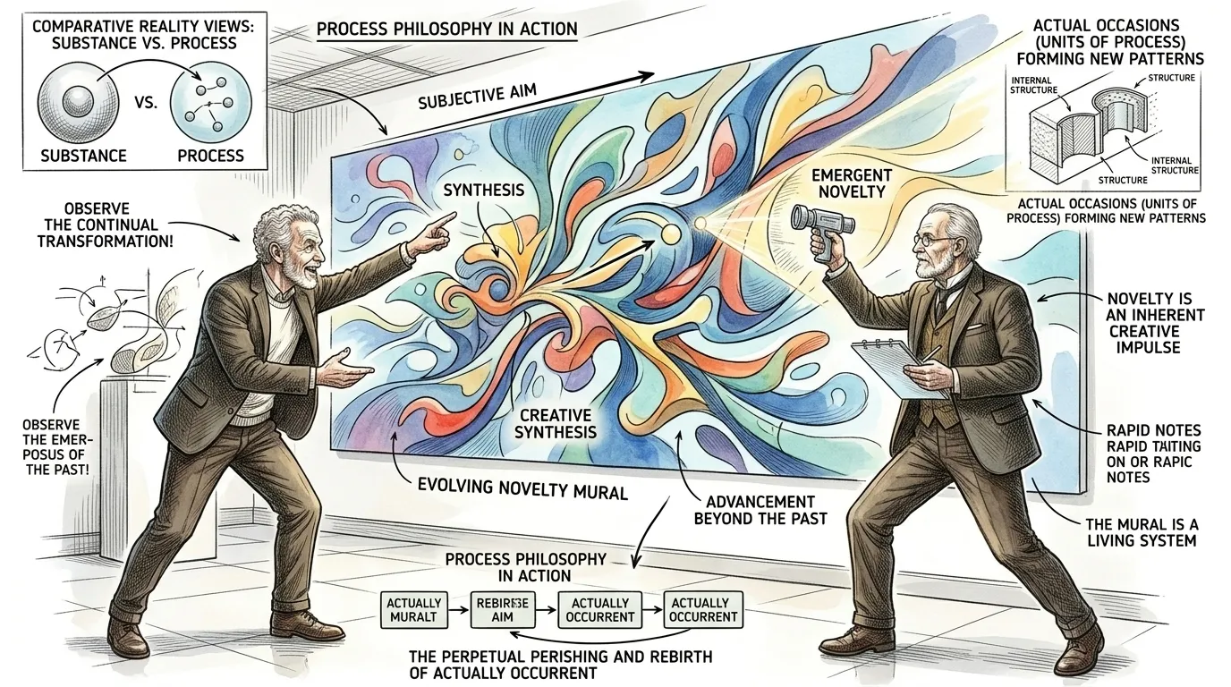 Dr. Thorne points to an evolving digital mural that illustrates the concept of 'novelty' inherent in every actual occasion, emphasizing that this is not merely… Dr. Thorne points to an evolving digital mural that illustrates the concept of 'novelty' inherent in every actual occasion, emphasizing that this is not merely…