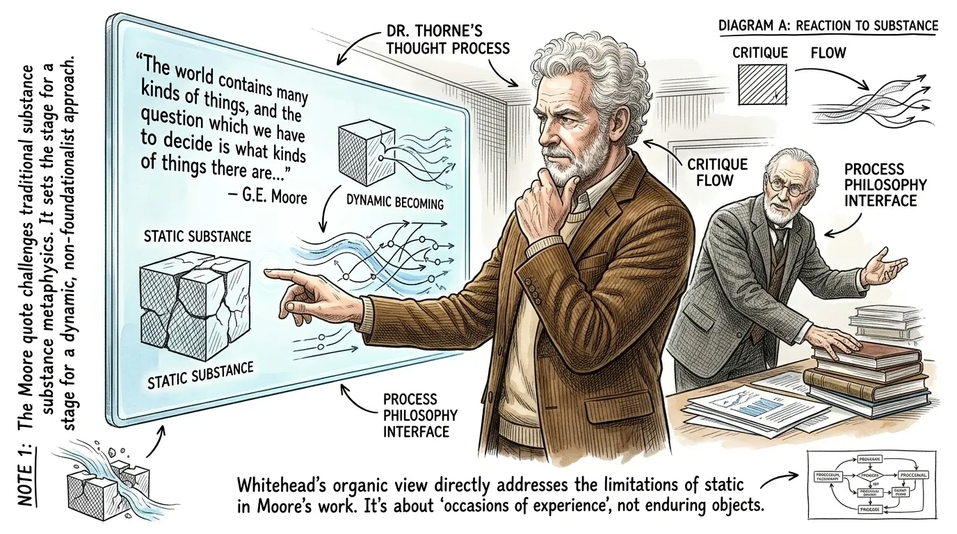 Dr. Thorne gestures toward a screen displaying various philosophical critiques, acknowledging that Whitehead's intricate process philosophy, while… Dr. Thorne gestures toward a screen displaying various philosophical critiques, acknowledging that Whitehead's intricate process philosophy, while…