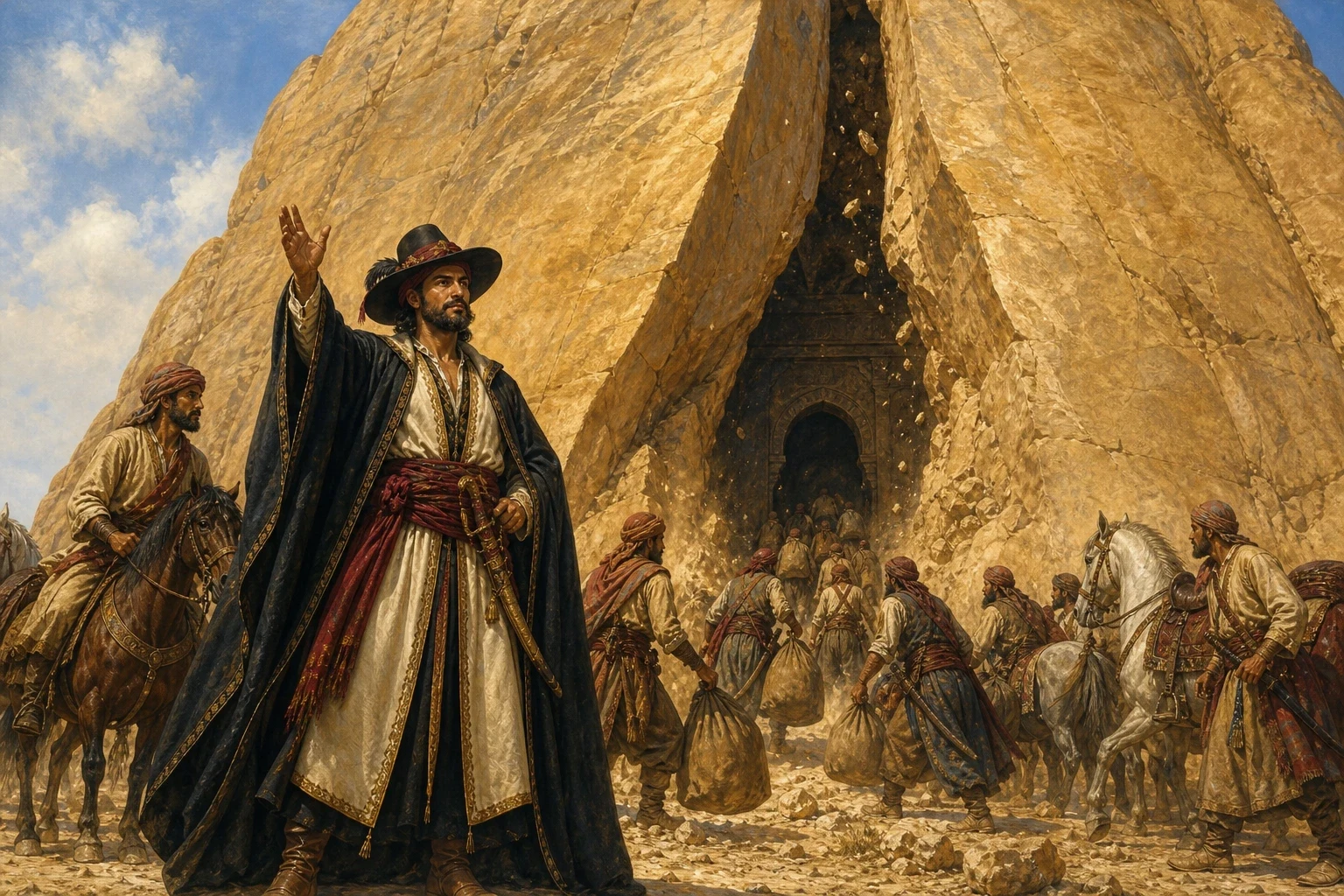 The captain swung down from his horse, walked up to the smooth face of the rock, and in a loud, clear voice called out two words: "Open Sesame!" At once, with a… The captain swung down from his horse, walked up to the smooth face of the rock, and in a loud, clear voice called out two words: "Open Sesame!" At once, with a…