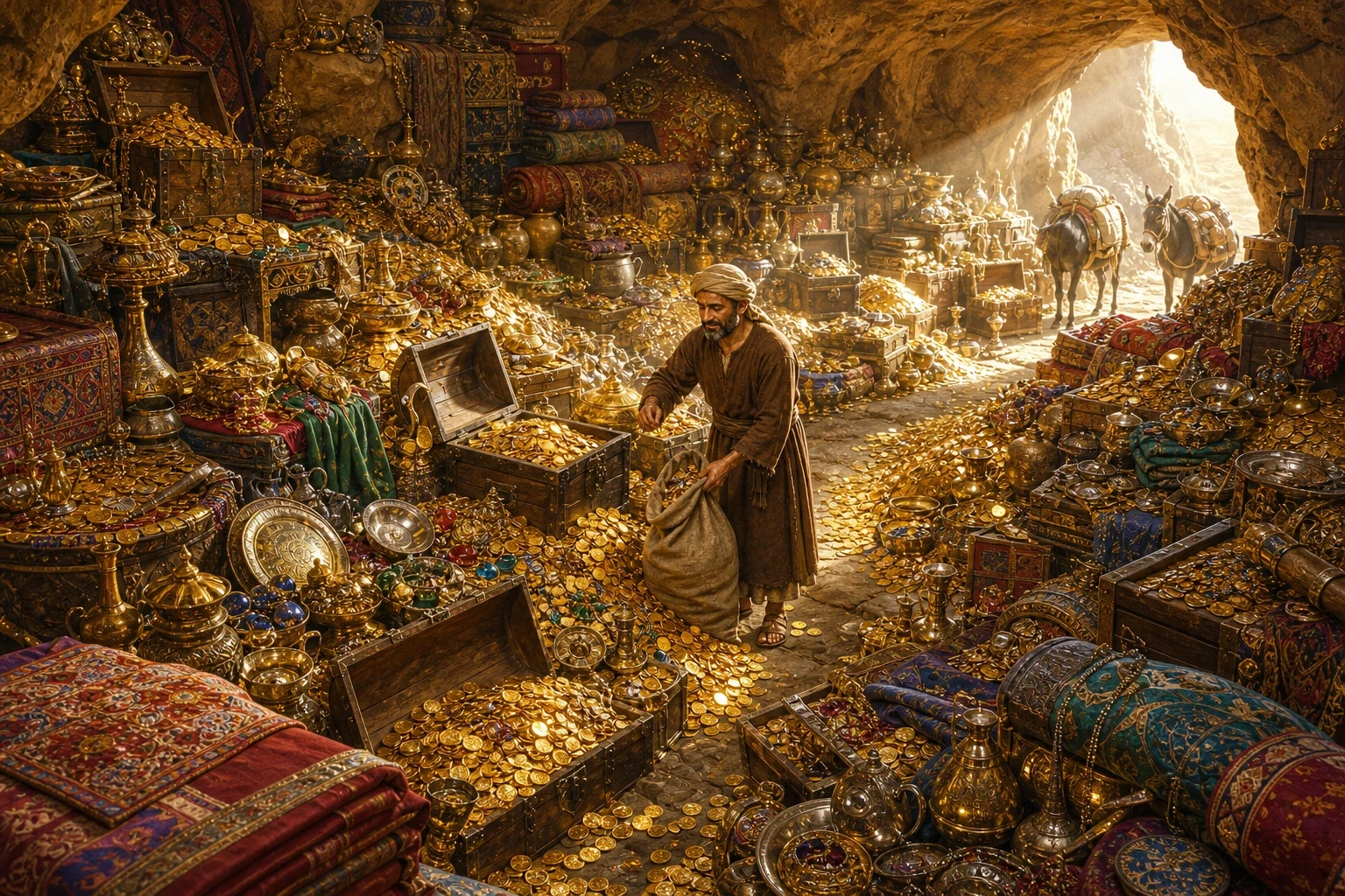 When the robbers were long gone, Ali Baba climbed down, his heart beating fast. He stepped up to the rock, and in a trembling voice he tried the words himself… When the robbers were long gone, Ali Baba climbed down, his heart beating fast. He stepped up to the rock, and in a trembling voice he tried the words himself…