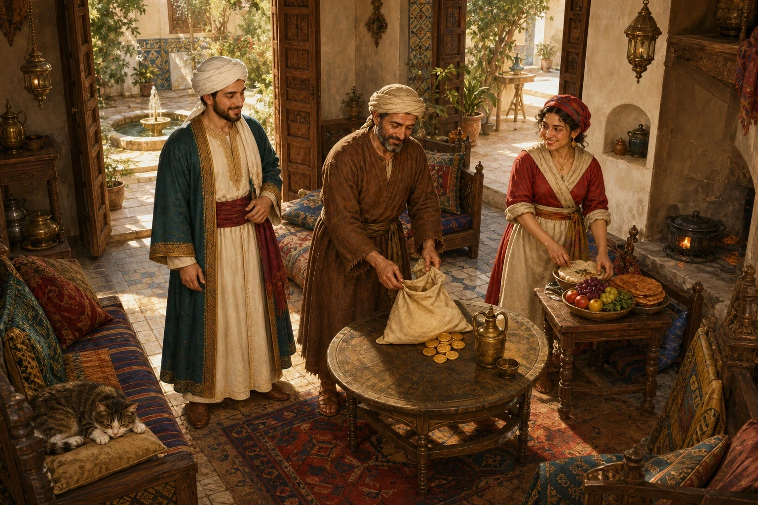 Ali Baba carried the gold home to his small house, where his good wife, his grown son, and their faithful servant Morgiana welcomed him. Ali Baba carried the gold home to his small house, where his good wife, his grown son, and their faithful servant Morgiana welcomed him.