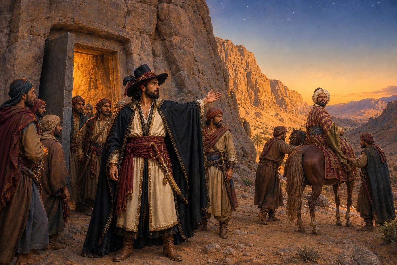 That very evening the forty thieves came thundering back. When the captain called "Open Sesame" and the rock swung wide, they were astonished to find a stranger… That very evening the forty thieves came thundering back. When the captain called "Open Sesame" and the rock swung wide, they were astonished to find a stranger…