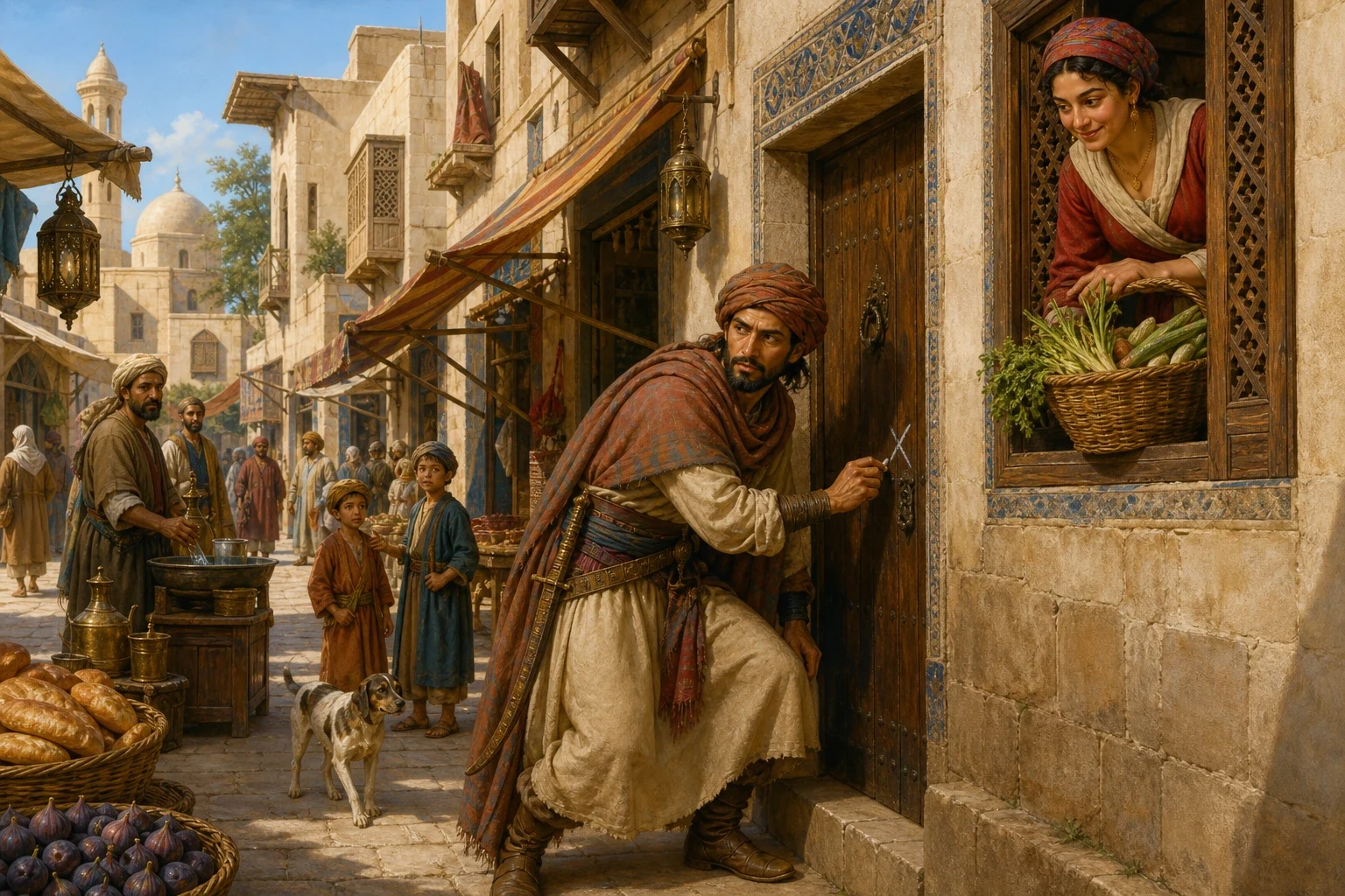 To find the man who knew their secret, the thieves sent one of their band into the town, disguised as an ordinary traveller. To find the man who knew their secret, the thieves sent one of their band into the town, disguised as an ordinary traveller.