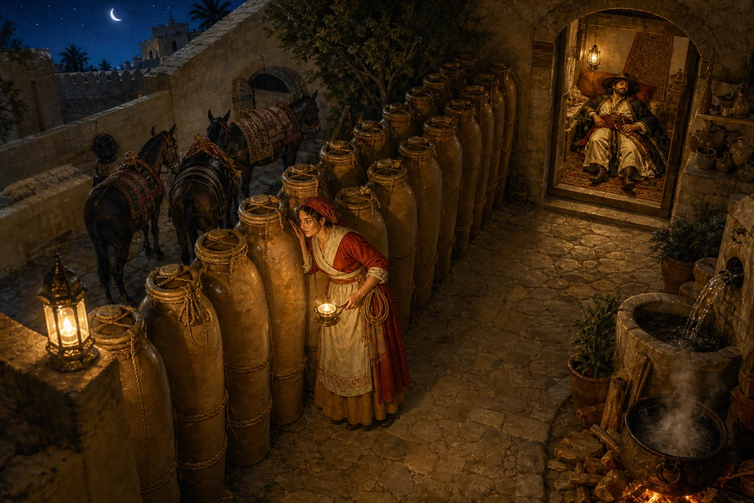 At last the captain came up with his craftiest plan of all. He disguised himself as an oil merchant and arrived at Ali Baba's house with a train of mules… At last the captain came up with his craftiest plan of all. He disguised himself as an oil merchant and arrived at Ali Baba's house with a train of mules…