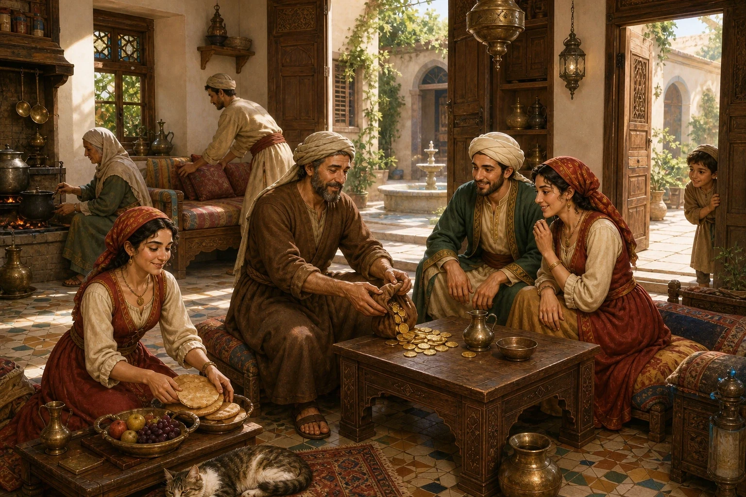 Ali Baba carried the gold home to his small house, where his good wife, his grown son, and their faithful servant Morgiana welcomed him. Ali Baba carried the gold home to his small house, where his good wife, his grown son, and their faithful servant Morgiana welcomed him.