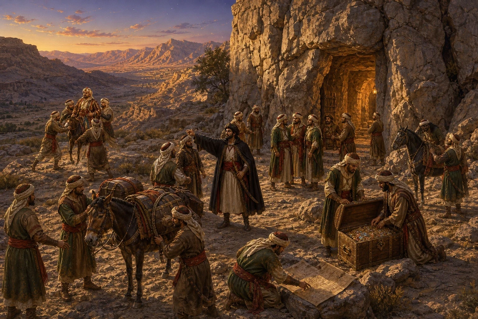 That very evening the forty thieves came thundering back. When the captain called "Open Sesame" and the rock swung wide, they were astonished to find a stranger… That very evening the forty thieves came thundering back. When the captain called "Open Sesame" and the rock swung wide, they were astonished to find a stranger…