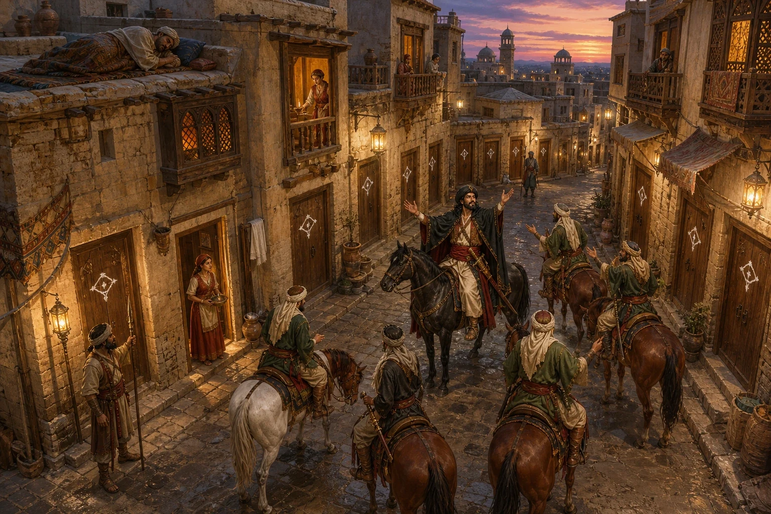 Quietly, before anyone was about, Morgiana went down the street and drew the very same white mark on every single door, exactly like the thief's. Quietly, before anyone was about, Morgiana went down the street and drew the very same white mark on every single door, exactly like the thief's.