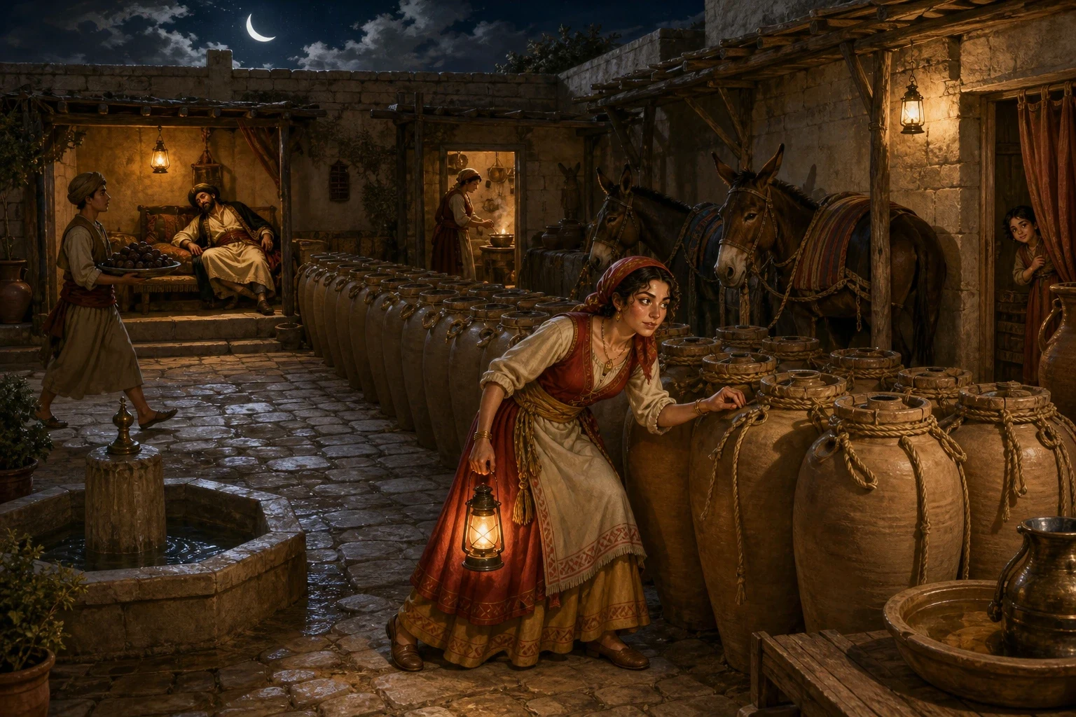 At last the captain came up with his craftiest plan of all. He disguised himself as an oil merchant and arrived at Ali Baba's house with a train of mules… At last the captain came up with his craftiest plan of all. He disguised himself as an oil merchant and arrived at Ali Baba's house with a train of mules…
