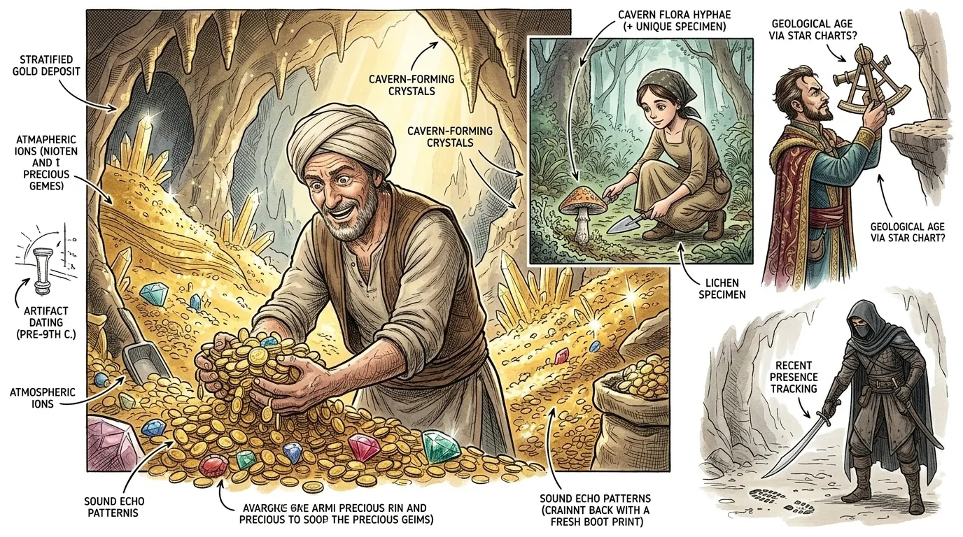 في الداخل، كانت الكهف يتلألأ بالذهب والمجوهرات. تردد علي بابا، وقلبه يخفق بشدة. كان يعلم أنه يجب عليه المغادرة، لكن رؤية هذا الثراء كانت مسكرة. في الداخل، كانت الكهف يتلألأ بالذهب والمجوهرات. تردد علي بابا، وقلبه يخفق بشدة. كان يعلم أنه يجب عليه المغادرة، لكن رؤية هذا الثراء كانت مسكرة.