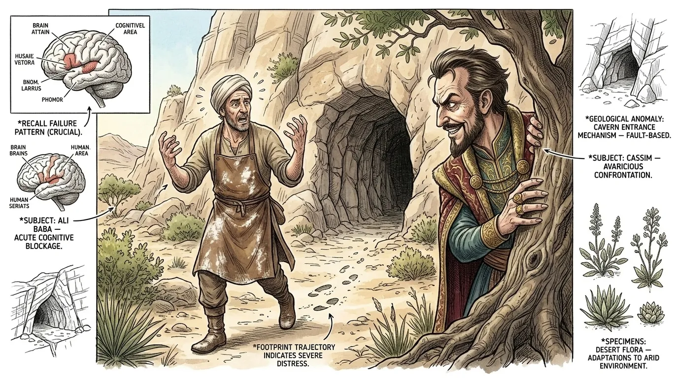 عند خروجه من الكهف، وجد علي بابا أنه لا يستطيع تذكر كلمة السر. "أغلق، افتح... ماذا كانت؟" سيطر عليه الذعر. في تلك اللحظة، ظهر قاسم، مدفوعًا بالشائعات والجشع. عند خروجه من الكهف، وجد علي بابا أنه لا يستطيع تذكر كلمة السر. "أغلق، افتح... ماذا كانت؟" سيطر عليه الذعر. في تلك اللحظة، ظهر قاسم، مدفوعًا بالشائعات والجشع.