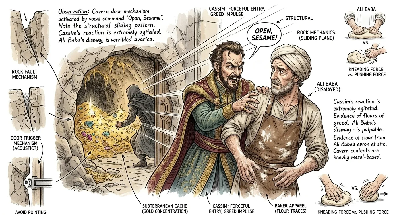 "حسنًا يا قاسم، لكن يجب أن تعدني بأن تأخذ فقط ما تحتاجه!" استسلم علي بابا. دفع قاسم، وعيناه مليئتان بالجشع، علي بابا جانبًا وصاح: "افتح يا سمسم!" أطاعت الصخرة… "حسنًا يا قاسم، لكن يجب أن تعدني بأن تأخذ فقط ما تحتاجه!" استسلم علي بابا. دفع قاسم، وعيناه مليئتان بالجشع، علي بابا جانبًا وصاح: "افتح يا سمسم!" أطاعت الصخرة…
