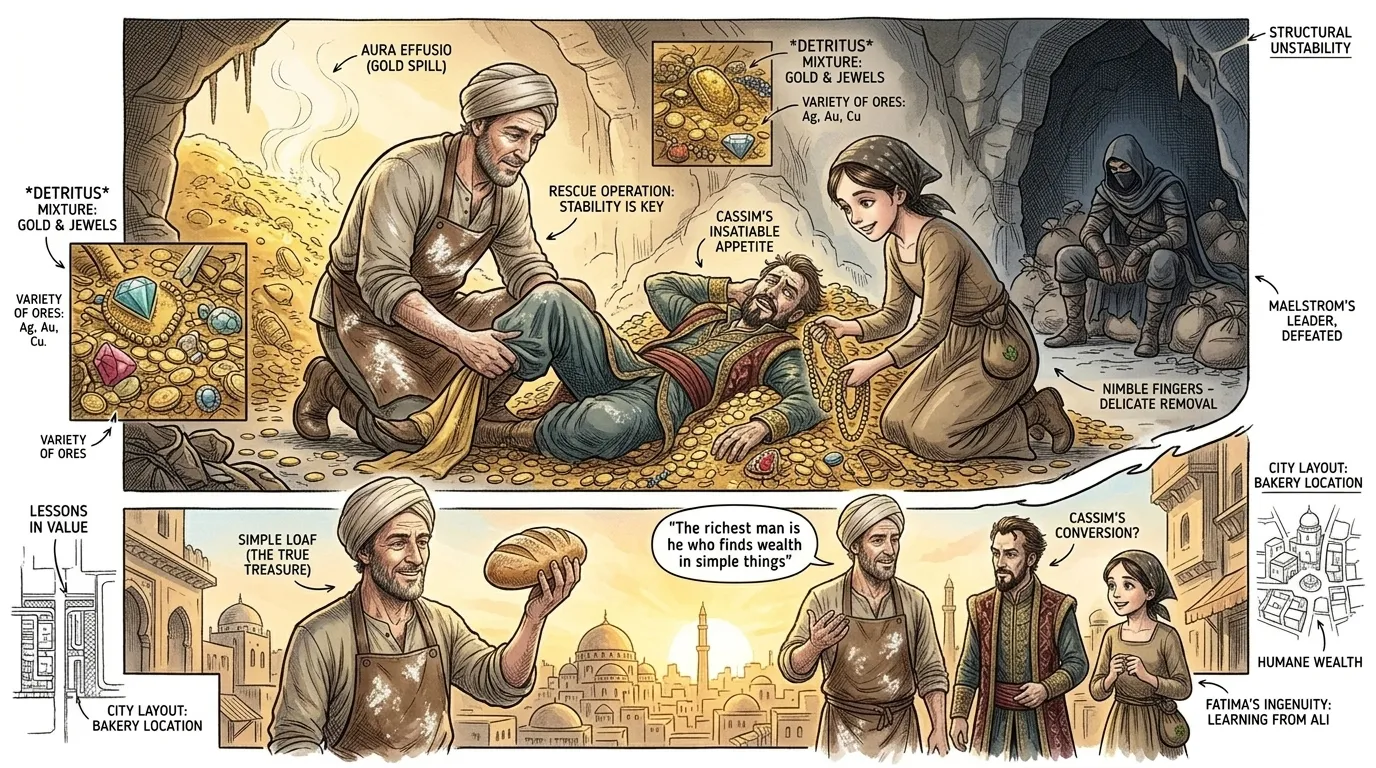 كشف مالك، بعد أن أُنهك وهُزم، عن موقع قاسم، المحتجز تحت كومة من الذهب لم يستطع أن يتركها. قام علي بابا، بمساعدة فاطمة، بتحرير أخيه. كشف مالك، بعد أن أُنهك وهُزم، عن موقع قاسم، المحتجز تحت كومة من الذهب لم يستطع أن يتركها. قام علي بابا، بمساعدة فاطمة، بتحرير أخيه.