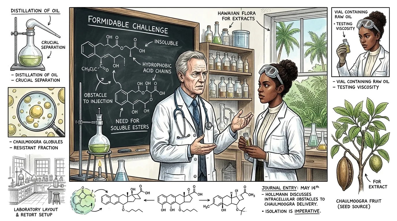卡利希医院的医生哈里·霍尔曼博士认识到鲍尔在植物化学方面无与伦比的技能,并向她提出了改进大风子油的迫切需求。潜在的化学挑战是巨大的:大风子油主要由具… 卡利希医院的医生哈里·霍尔曼博士认识到鲍尔在植物化学方面无与伦比的技能,并向她提出了改进大风子油的迫切需求。潜在的化学挑战是巨大的:大风子油主要由具…