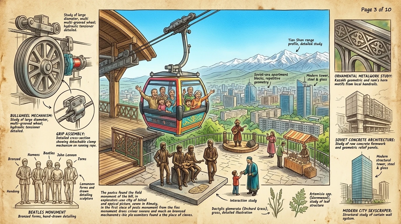 缆车登上科克托别山,将阿拉木图广阔的城市景观尽收眼底。在山顶,一个俏皮的披头士纪念碑为这座高架公园增添了一丝奇趣。 缆车登上科克托别山,将阿拉木图广阔的城市景观尽收眼底。在山顶,一个俏皮的披头士纪念碑为这座高架公园增添了一丝奇趣。