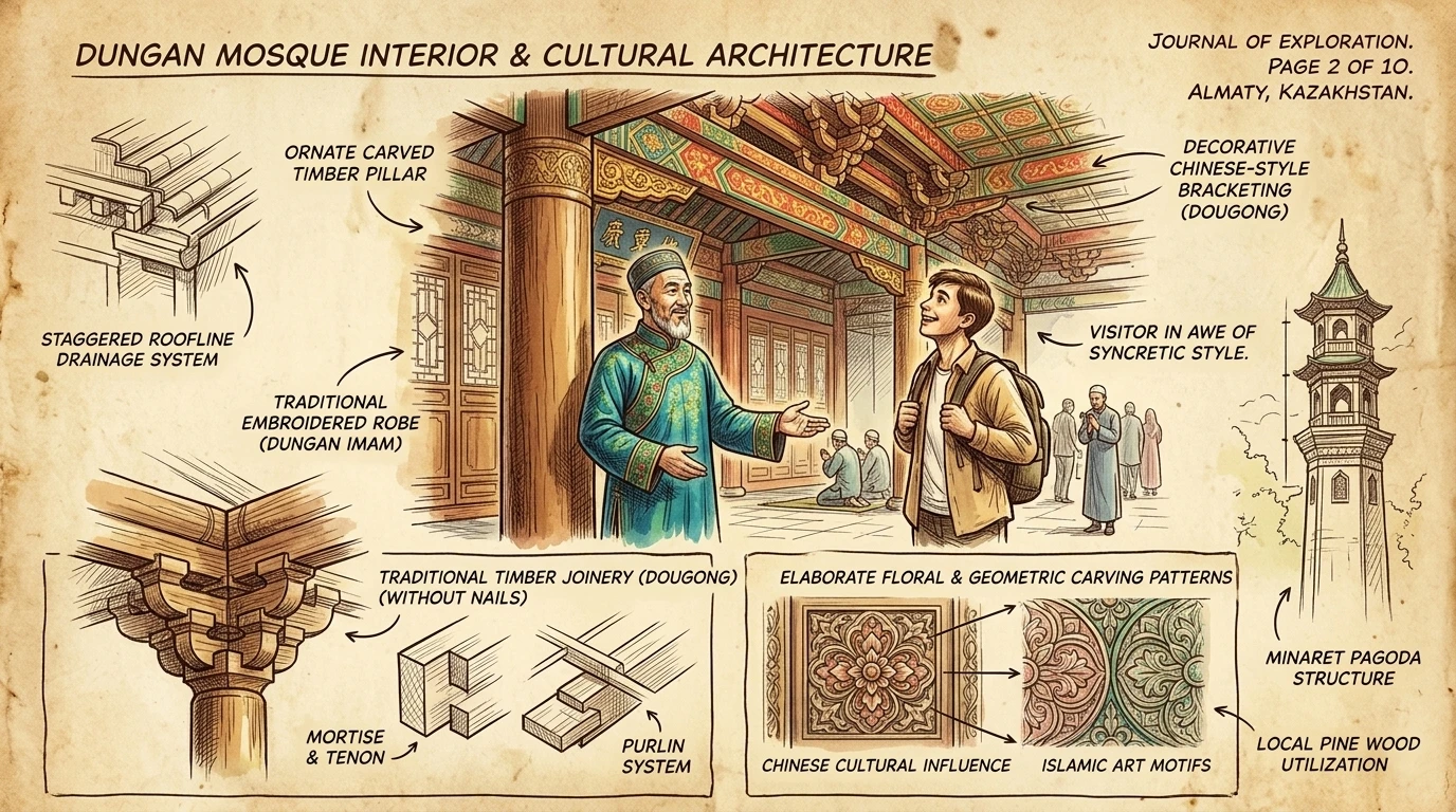 东干清真寺以其独特的中国建筑风格脱颖而出,这证明了阿拉木图东干社区独特的文化遗产。这座清真寺没有使用任何金属钉子建造,展示了精美的木雕和鲜艳的色彩。 东干清真寺以其独特的中国建筑风格脱颖而出,这证明了阿拉木图东干社区独特的文化遗产。这座清真寺没有使用任何金属钉子建造,展示了精美的木雕和鲜艳的色彩。