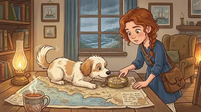 回到灯塔里，避开了风暴，阿米莉亚摊开她的地图。“我们需要了解这些天气模式，”她说道，研究着那些旋转的线条。雪莉把指南针推向阿米莉亚。