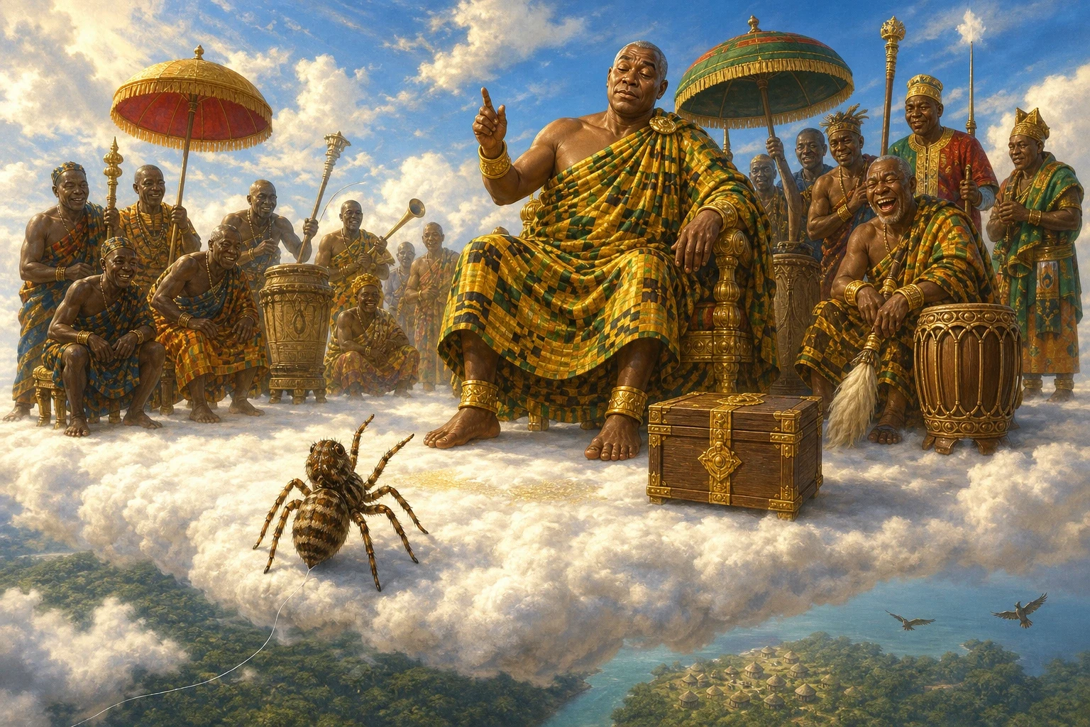 He spun a thread and went up it, and up, and up, and came out in the sky country, and walked across the clouds to where Nyame the Sky God sat on his great…