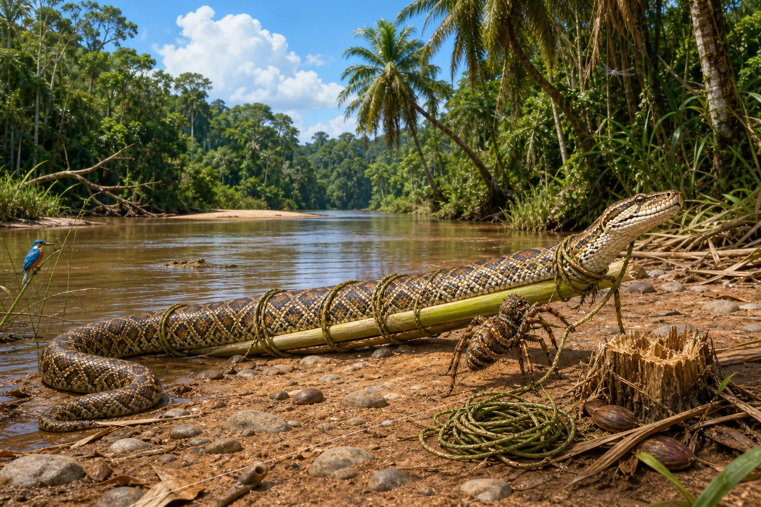 Anansi cut a long branch from a palm tree and gathered a bundle of strong creeper vine, and he walked along to the river bank where Onini the python lived…