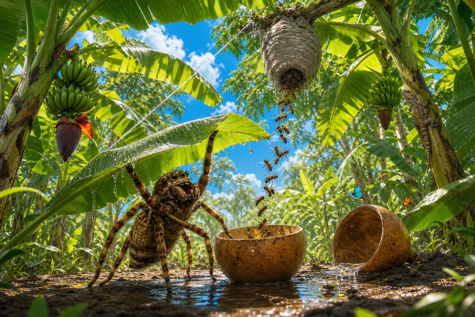 Next were the hornets. Anansi filled a calabash with water and cut an enormous banana leaf, and went to the grove where the Mmoboro nest hung grey and papery in…